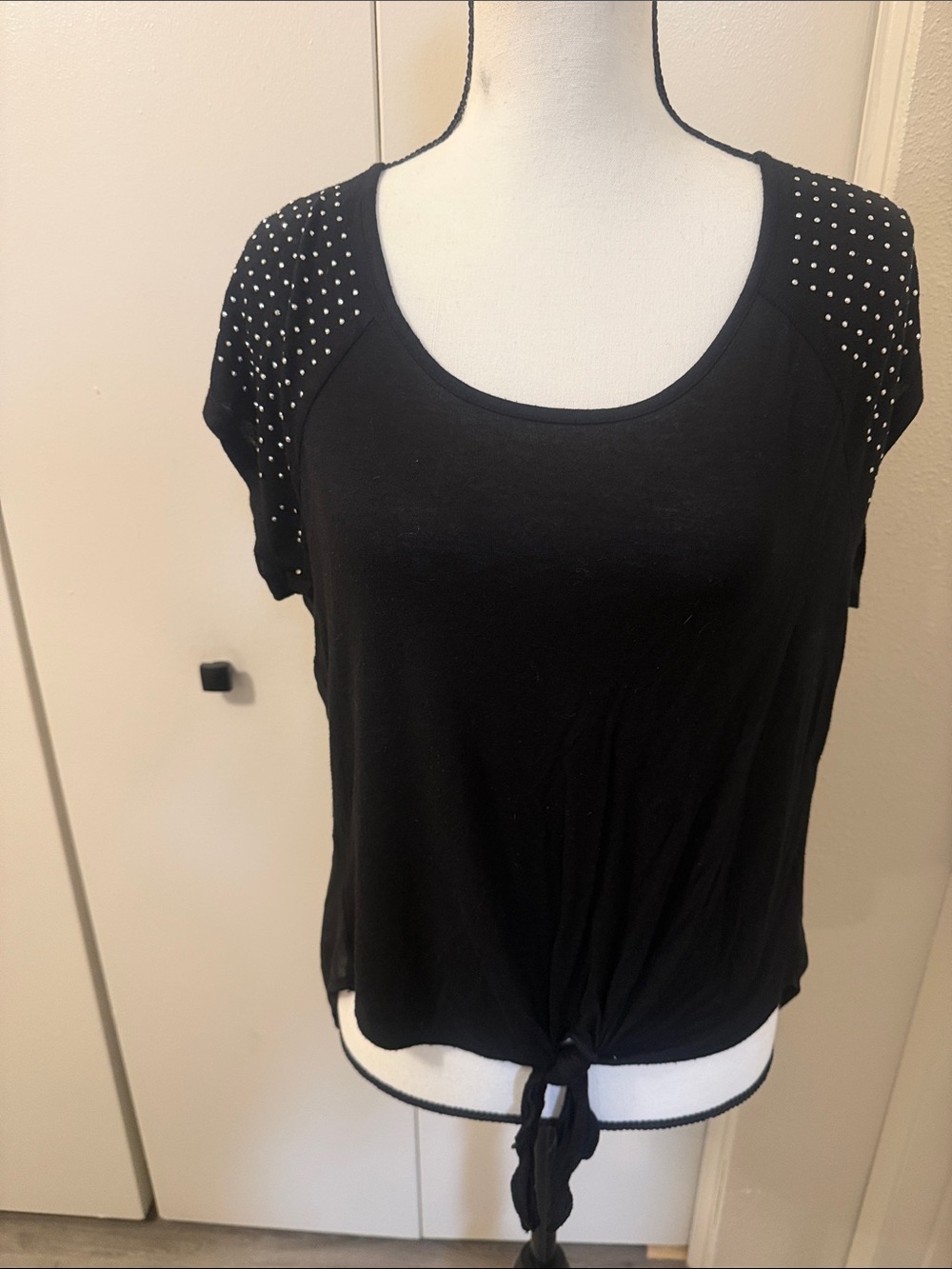 Occasion Black Short-Sleeve Tie-Front Top with Studded Shoulders